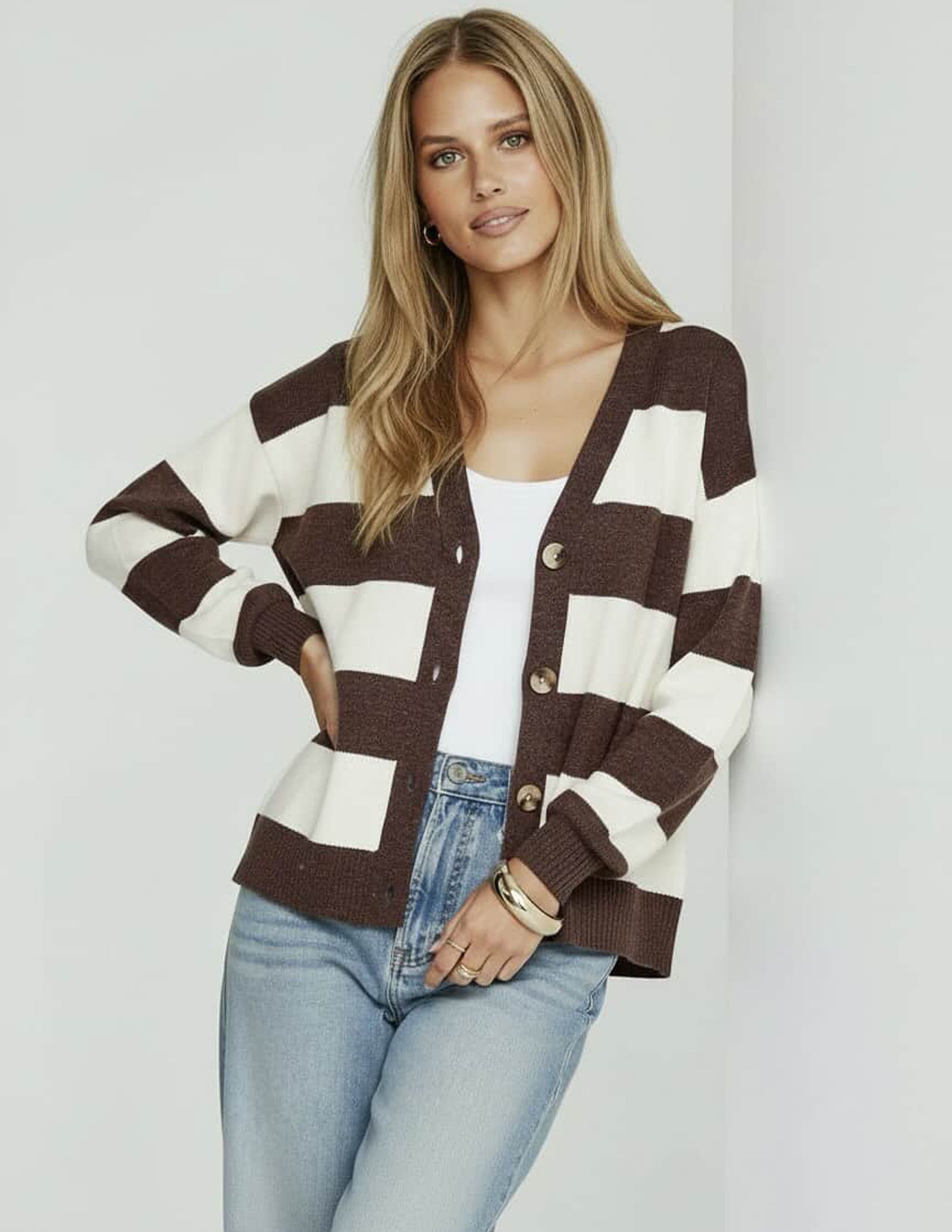 Bedford Cardi - Choc/White Stripe