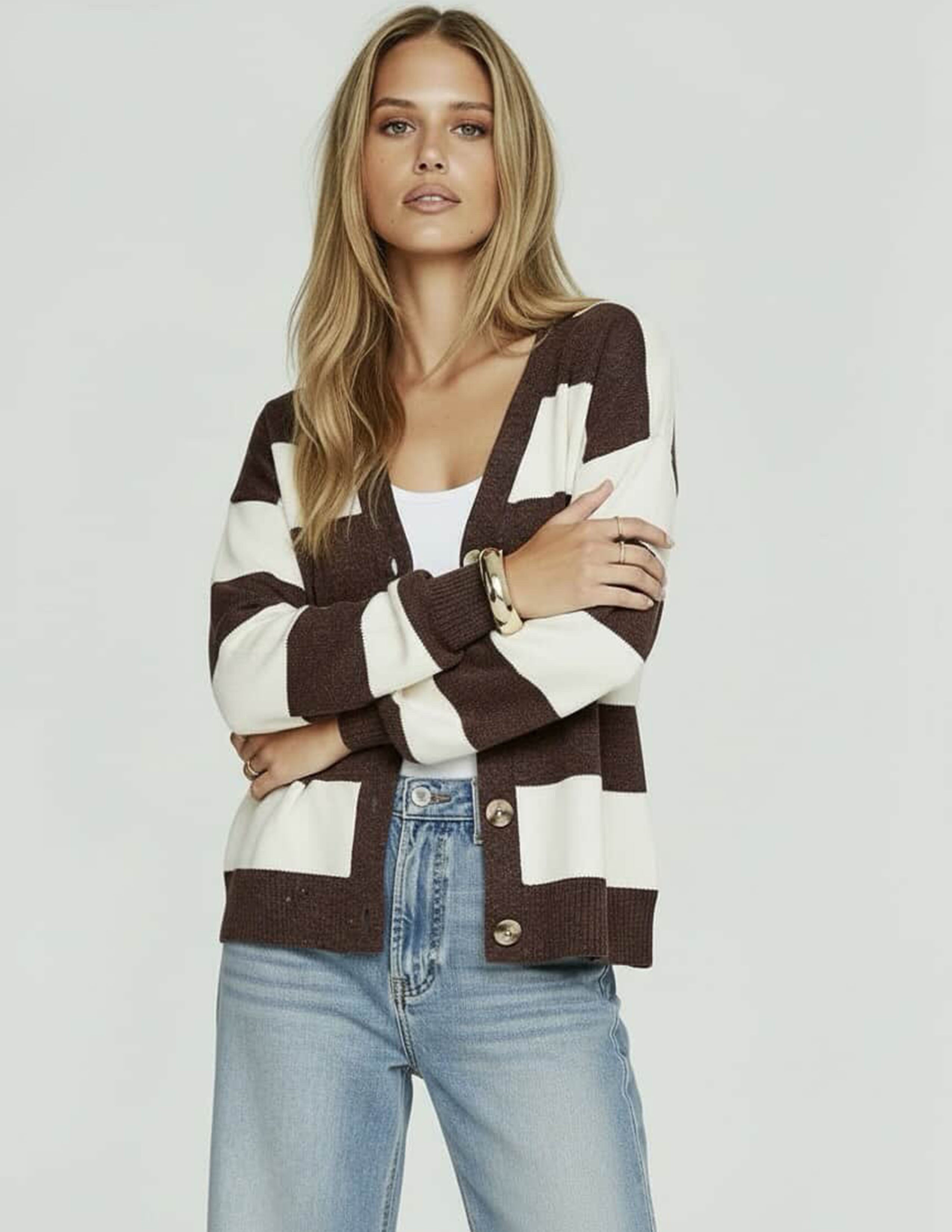 Bedford Cardi - Choc/White Stripe