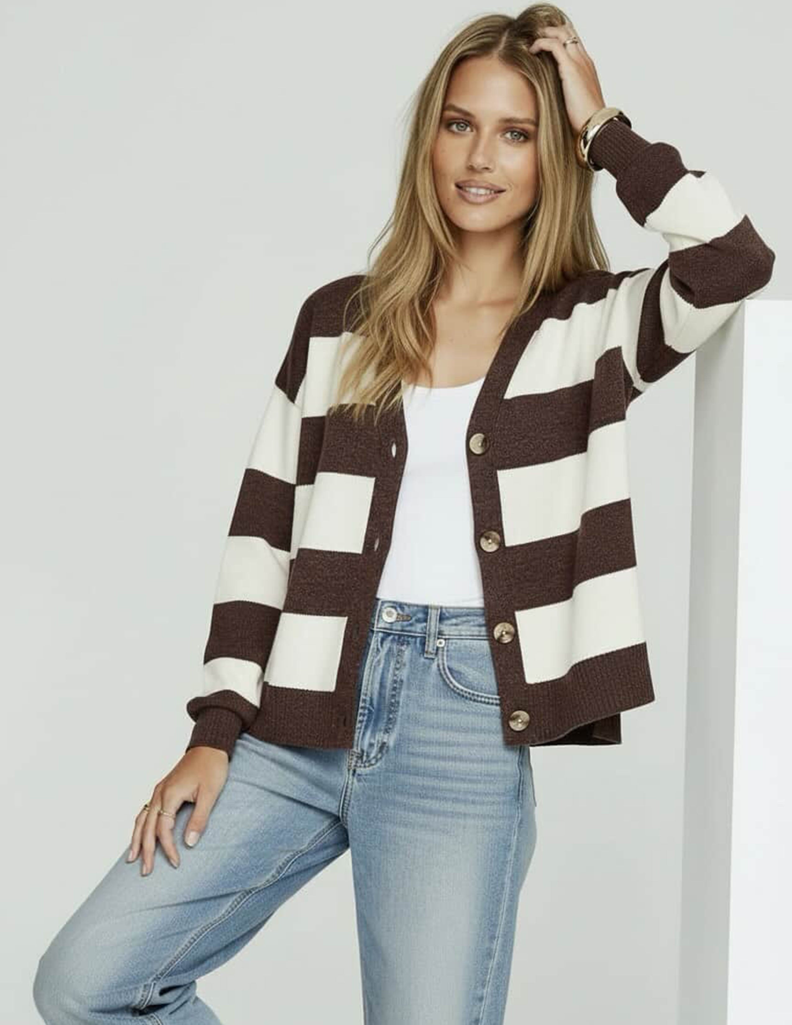 Bedford Cardi - Choc/White Stripe