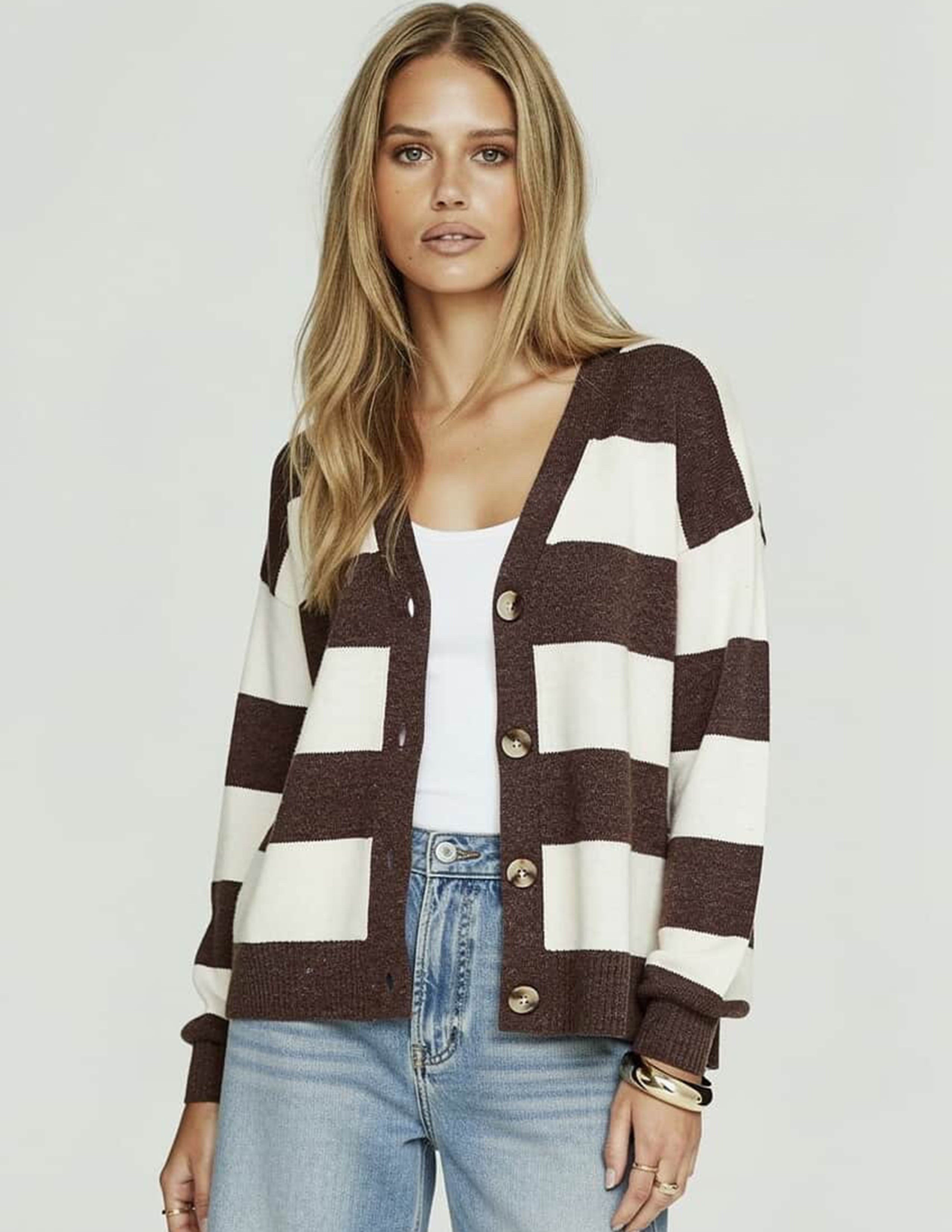 Bedford Cardi - Choc/White Stripe